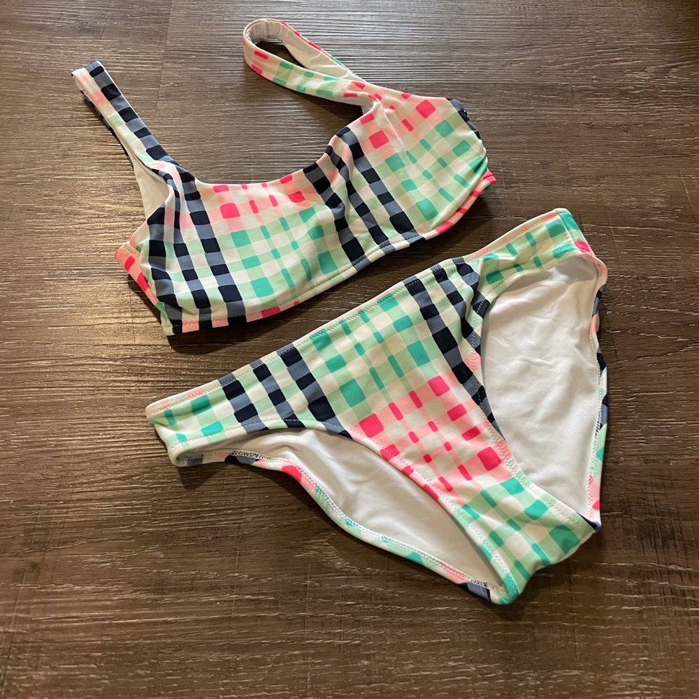 Gingham Checkered Plaid Bikini Set Blue Pink White Green Brief Bottom Tank Top
